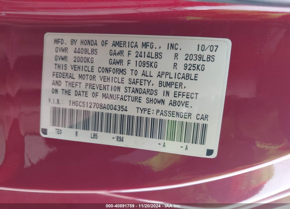 2008 HONDA ACCORD 2.4 EX VIN: 1HGCS12708A004354
