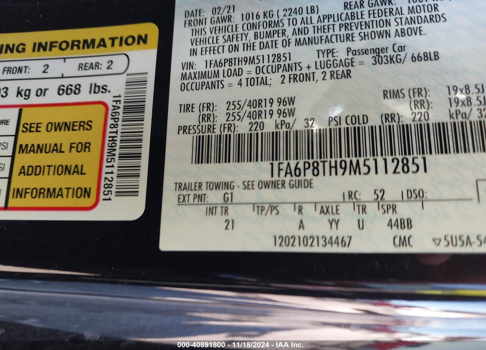2021 FORD MUSTANG ECOBOOST VIN: 1FA6P8TH9M5112851