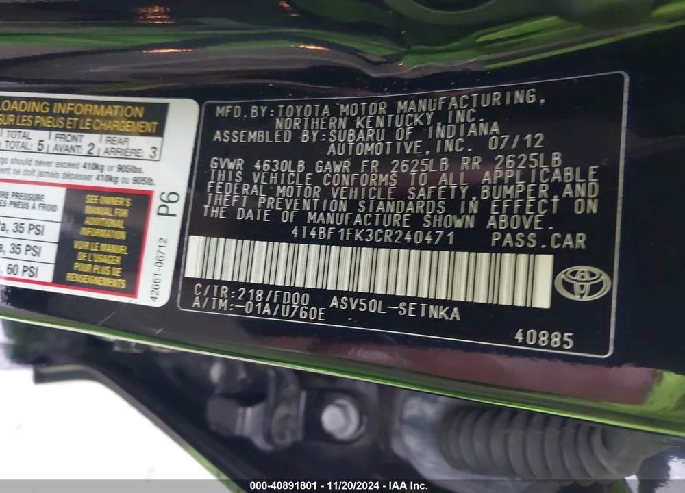 2012 TOYOTA CAMRY LE VIN: 4T4BF1FK3CR240471