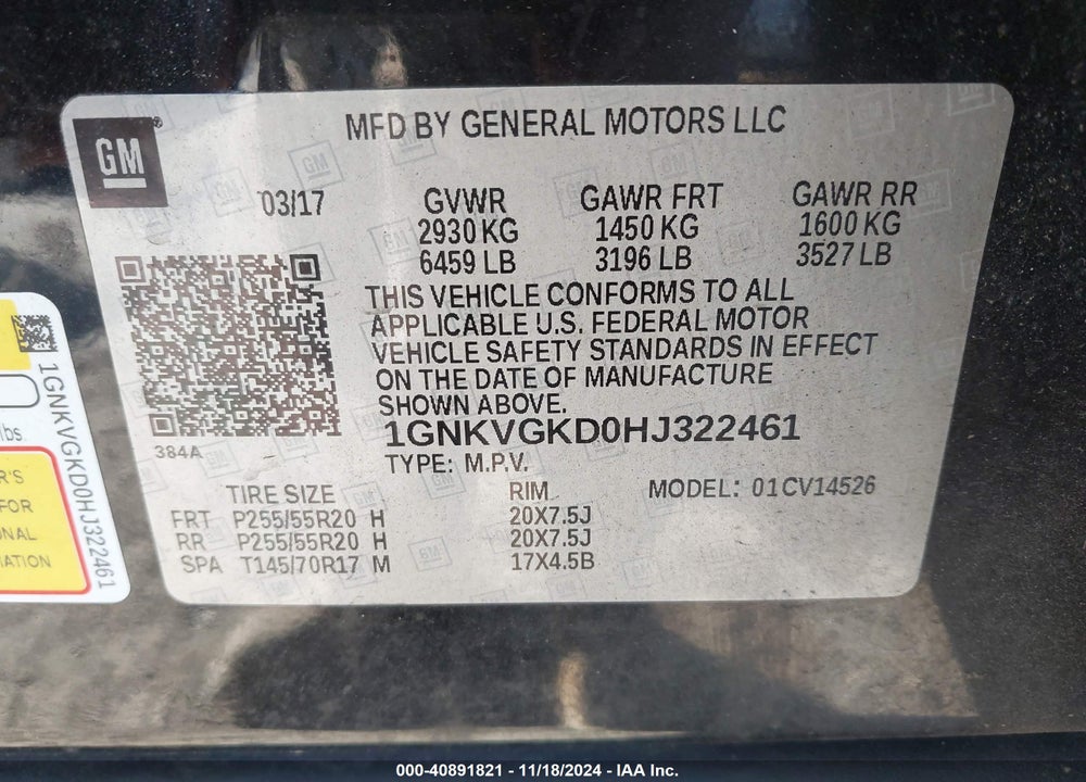 2017 CHEVROLET TRAVERSE 1LT VIN: 1GNKVGKD0HJ322461