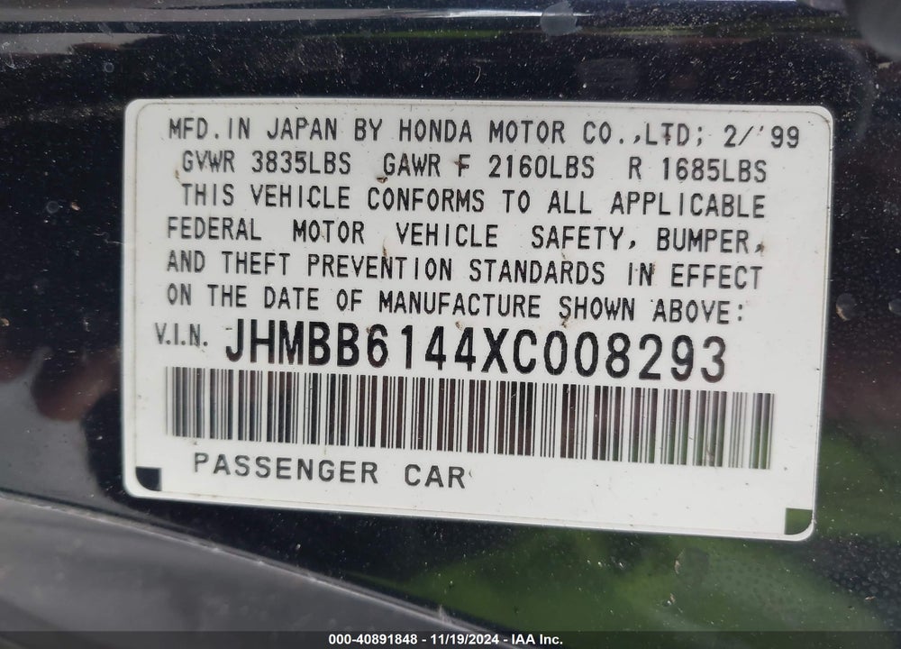 1999 HONDA PRELUDE VIN: JHMBB6144XC008293