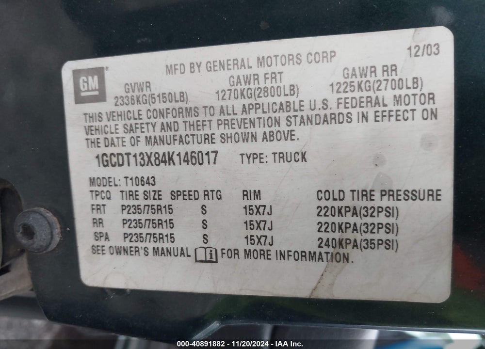 2004 CHEVROLET S-10 LS VIN: 1GCDT13X84K146017