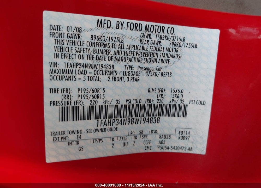 2008 FORD FOCUS S VIN: 1FAHP34N98W194838