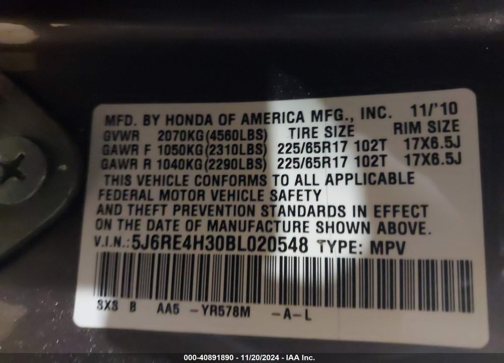 2011 HONDA CR-V LX VIN: 5J6RE4H30BL020548