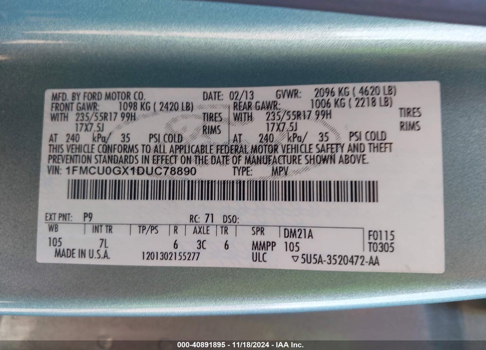 2013 FORD ESCAPE SE VIN: 1FMCU0GX1DUC78890
