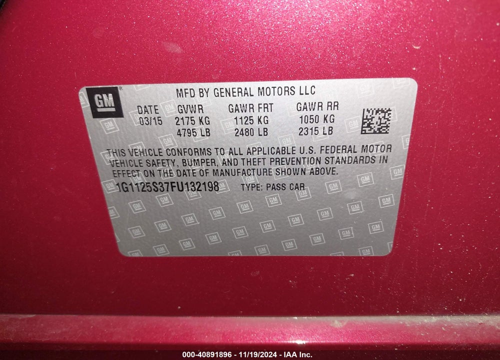 2015 CHEVROLET IMPALA 2LT VIN: 1G1125S37FU132198