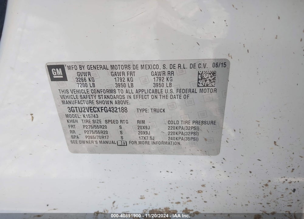 2015 GMC SIERRA 1500 SLT VIN: 3GTU2VECXFG432188