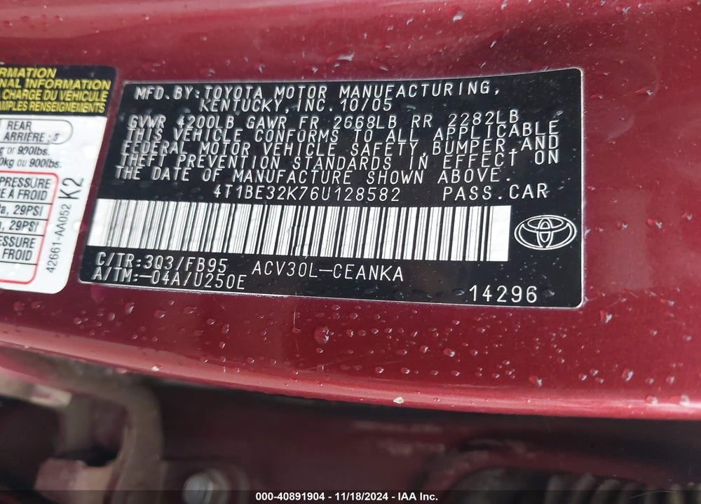 2006 TOYOTA CAMRY LE VIN: 4T1BE32K76U128582
