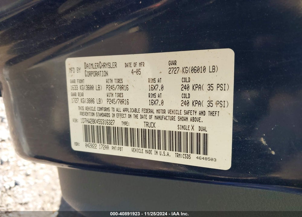 2005 DODGE DAKOTA ST VIN: 1D7HW28K45S316327