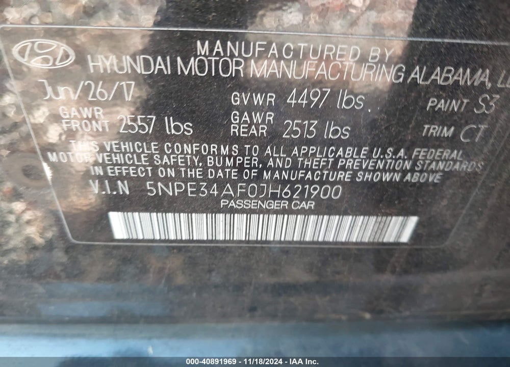 2018 HYUNDAI SONATA SEL VIN: 5NPE34AF0JH621900