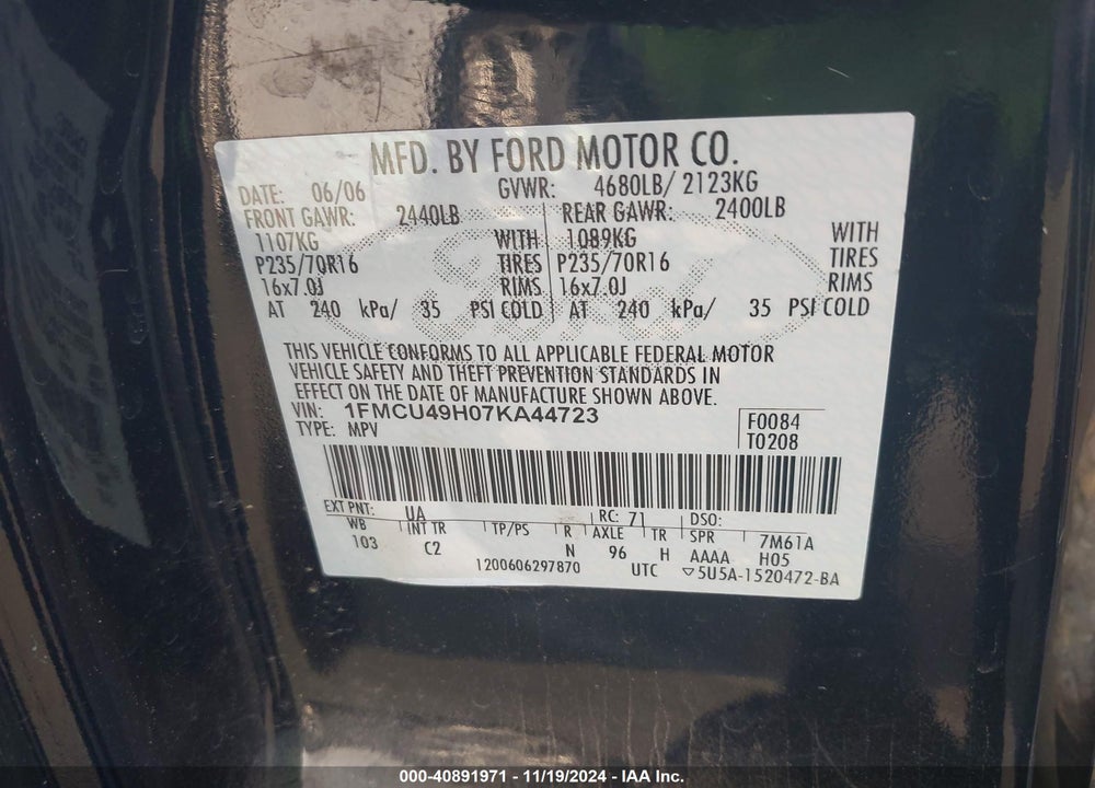 2007 FORD ESCAPE HYBRID VIN: 1FMCU49H07KA44723