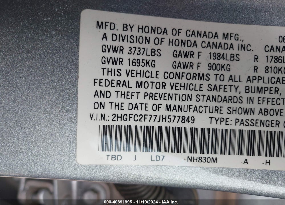 2018 HONDA CIVIC EX VIN: 2HGFC2F77JH577849