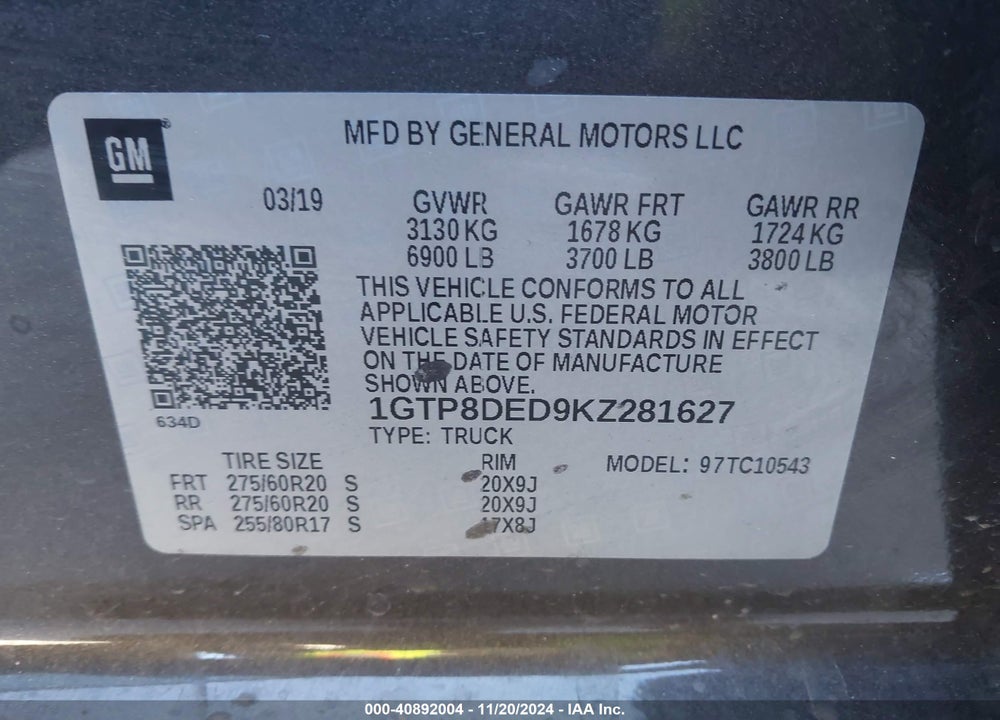 2019 GMC SIERRA 1500 VIN: 1GTP8DED9KZ281627