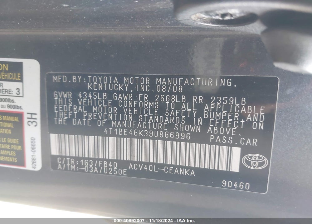 2009 TOYOTA CAMRY LE VIN: 4T1BE46K39U866996