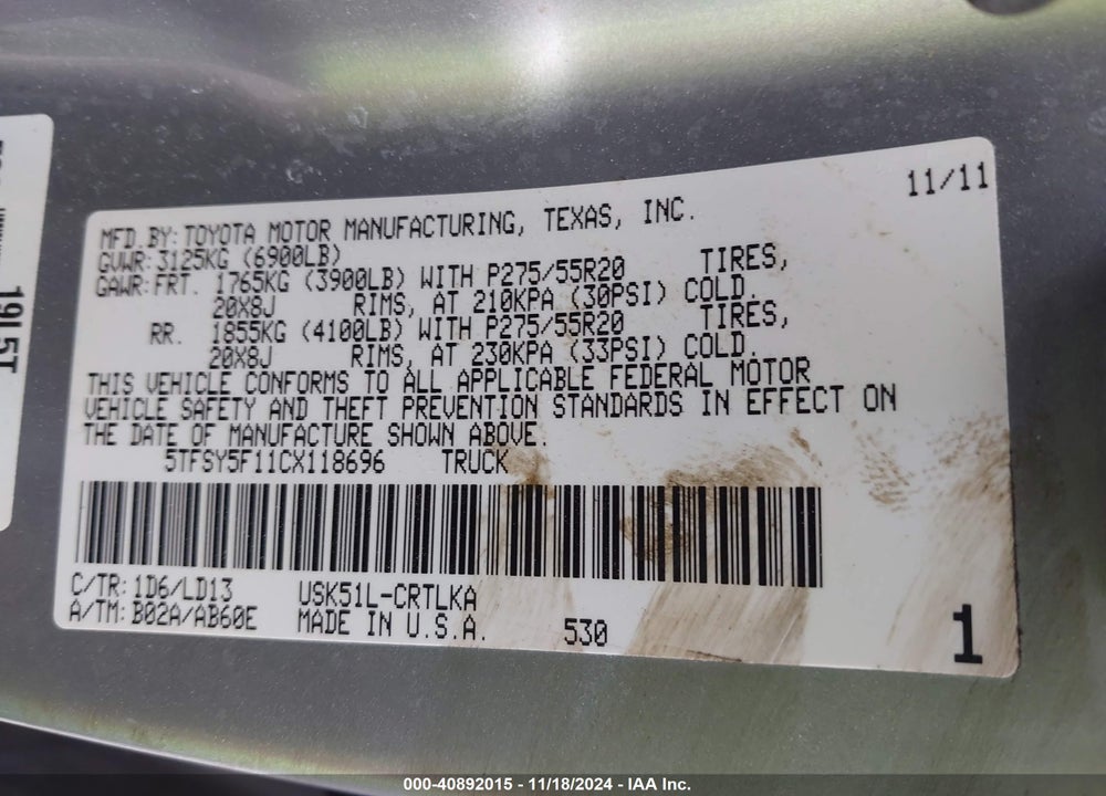2012 TOYOTA TUNDRA LIMITED 5.7L V8 VIN: 5TFSY5F11CX118696
