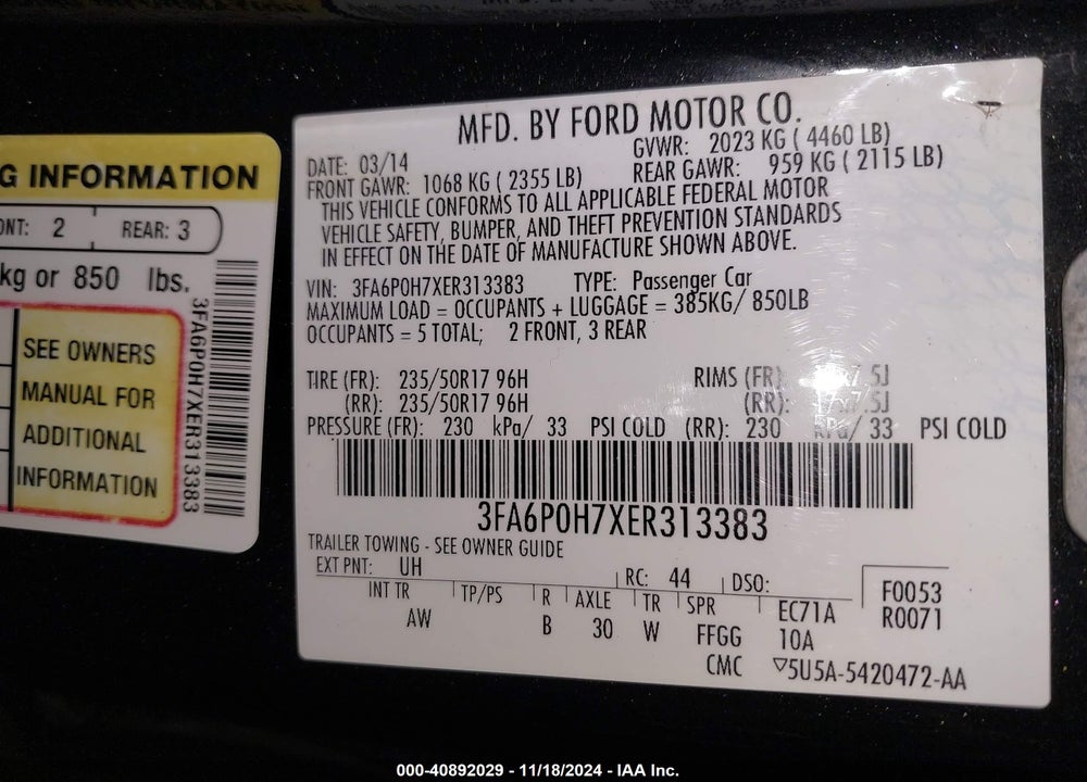 2014 FORD FUSION SE VIN: 3FA6P0H7XER313383