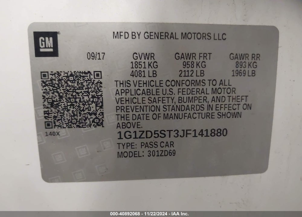 2018 CHEVROLET MALIBU LT VIN: 1G1ZD5ST3JF141880