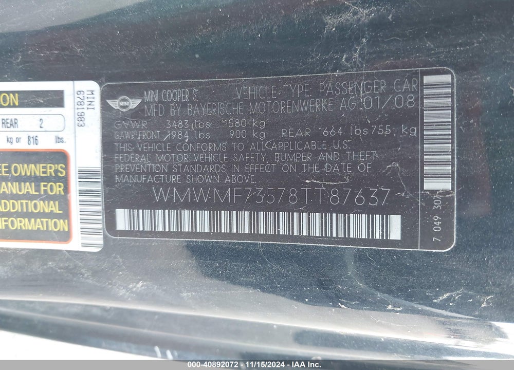 2008 MINI COOPER S VIN: WMWMF73578TT87637