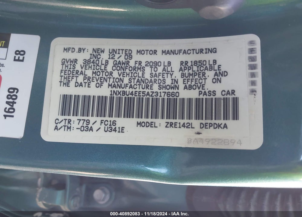 2010 TOYOTA COROLLA VIN: 1NXBU4EE5AZ317660
