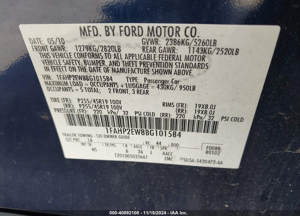 2011 FORD TAURUS SEL VIN: 1FAHP2EW8BG101584