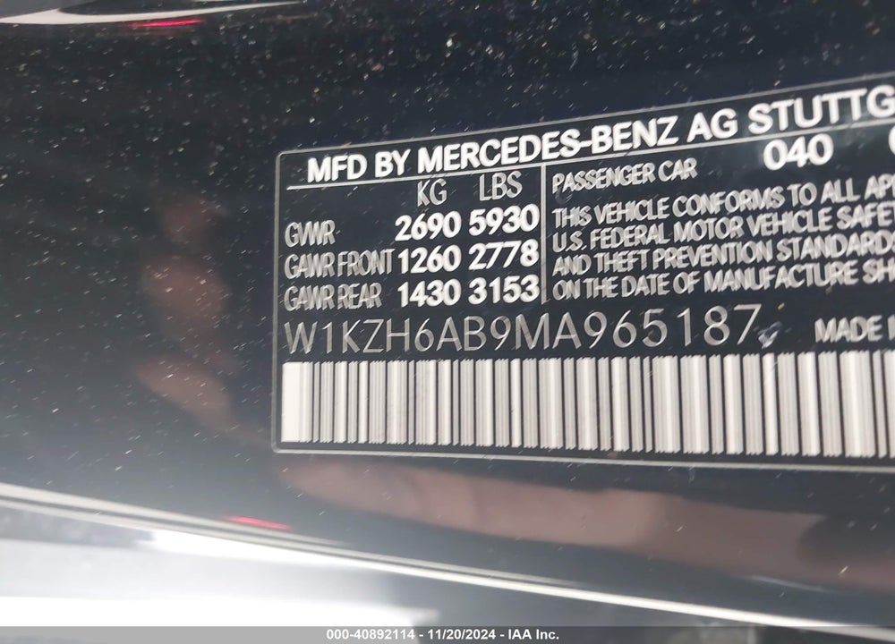 2021 MERCEDES-BENZ E VIN: W1KZH6AB9MA965187