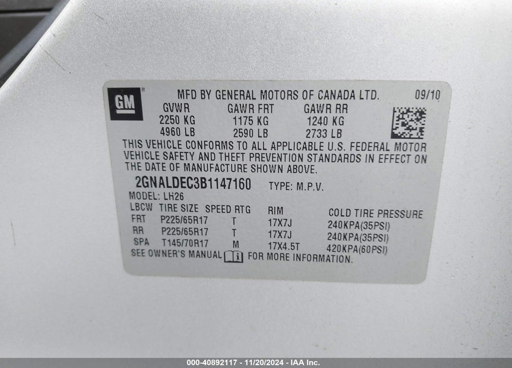 2011 CHEVROLET EQUINOX 1LT VIN: 2GNALDEC3B1147160