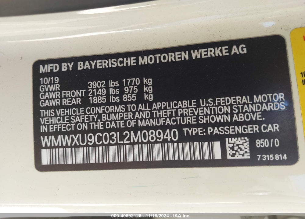 2020 MINI HARDTOP COOPER S VIN: WMWXU9C03L2M08940