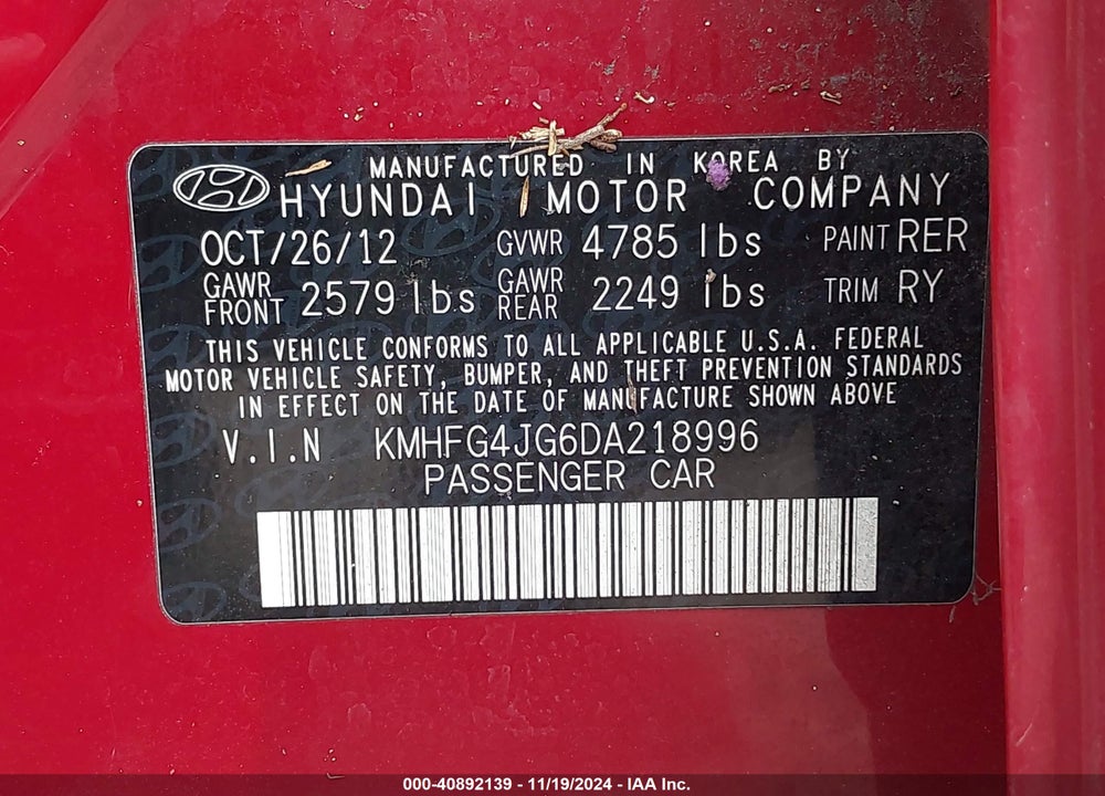 2013 HYUNDAI AZERA VIN: KMHFG4JG6DA218996