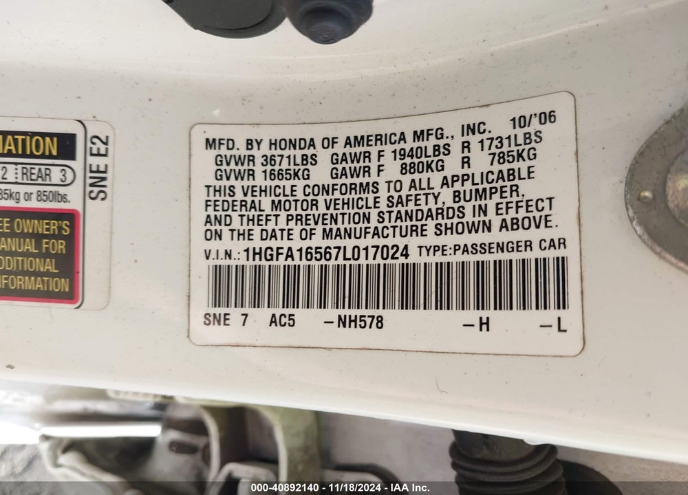 2007 HONDA CIVIC LX VIN: 1HGFA16567L017024