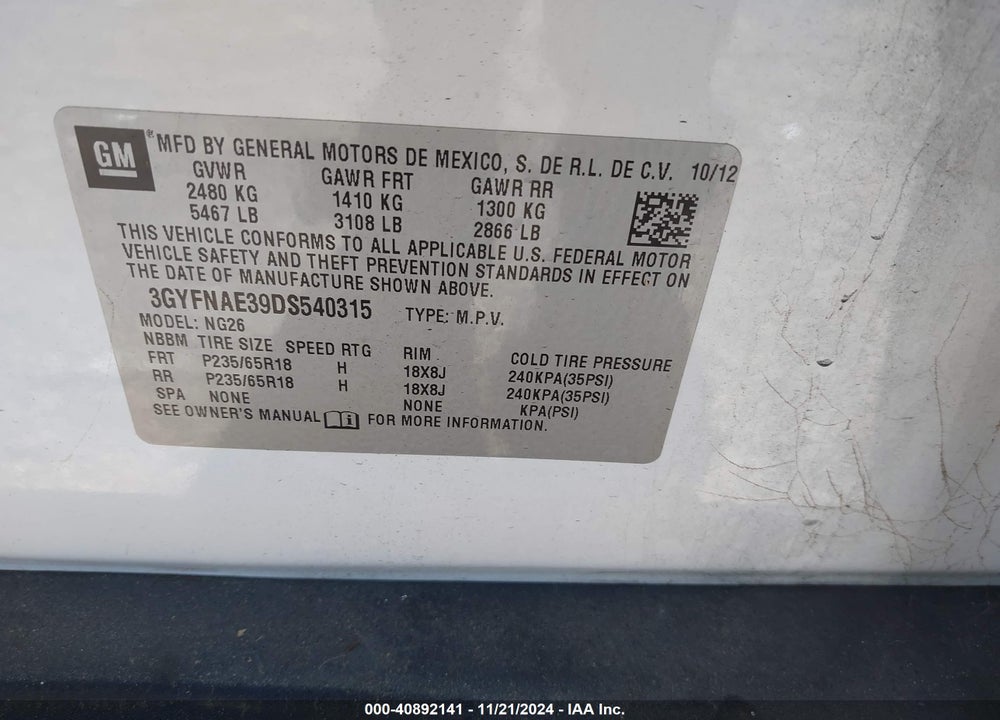 2013 CADILLAC SRX STANDARD VIN: 3GYFNAE39DS540315
