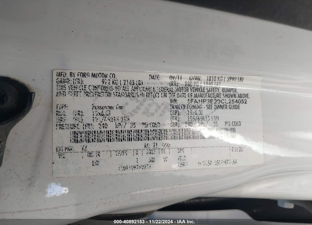 2012 FORD FOCUS S VIN: 1FAHP3E20CL254052
