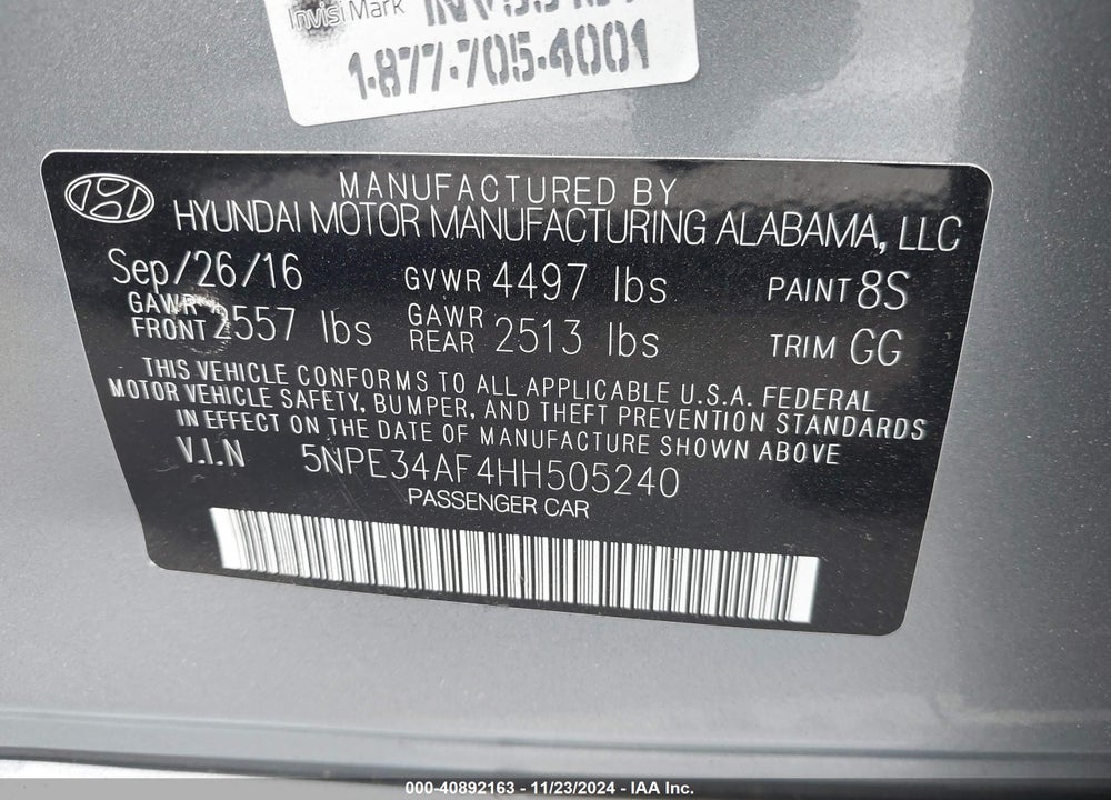 2017 HYUNDAI SONATA SPORT VIN: 5NPE34AF4HH505240