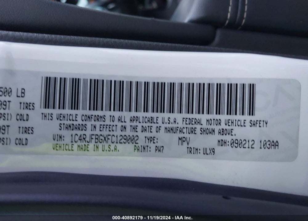 2015 CHEROKEE JEEP GRAND  LIMITED VIN: 1C4RJFBGXFC129002