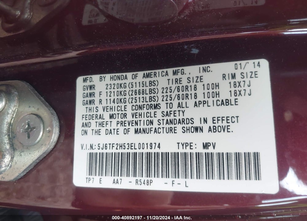 2014 HONDA CROSSTOUR EX-L V6 VIN: 5J6TF2H53EL001974