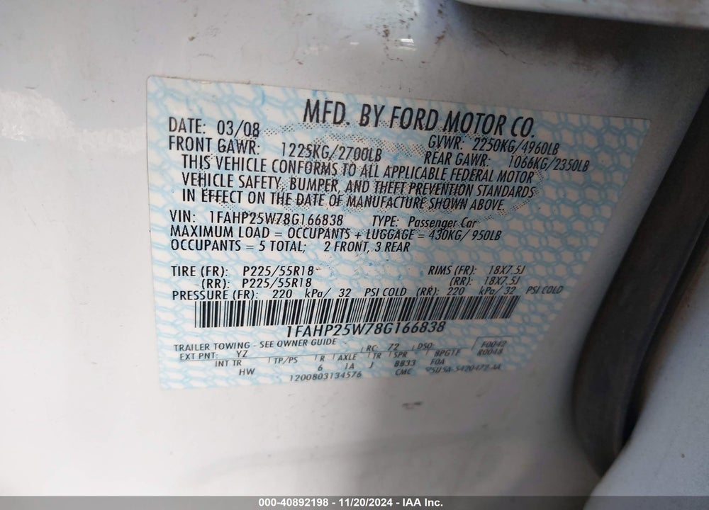 2008 FORD TAURUS LIMITED VIN: 1FAHP25W78G166838