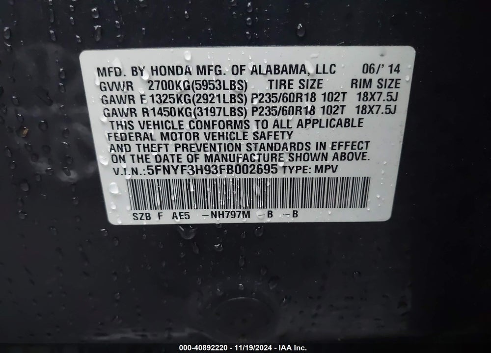 2015 HONDA PILOT TOURING VIN: 5FNYF3H93FB002695