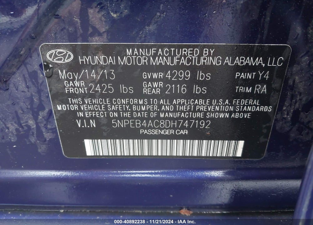 2013 HYUNDAI SONATA VIN: 5NPEB4AC8DH747192