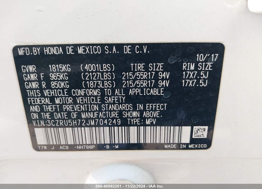 2018 HONDA HR-V EX-L VIN: 3CZRU5H72JM704249