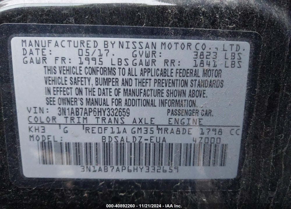 2017 NISSAN SENTRA SV VIN: 3N1AB7AP6HY332659