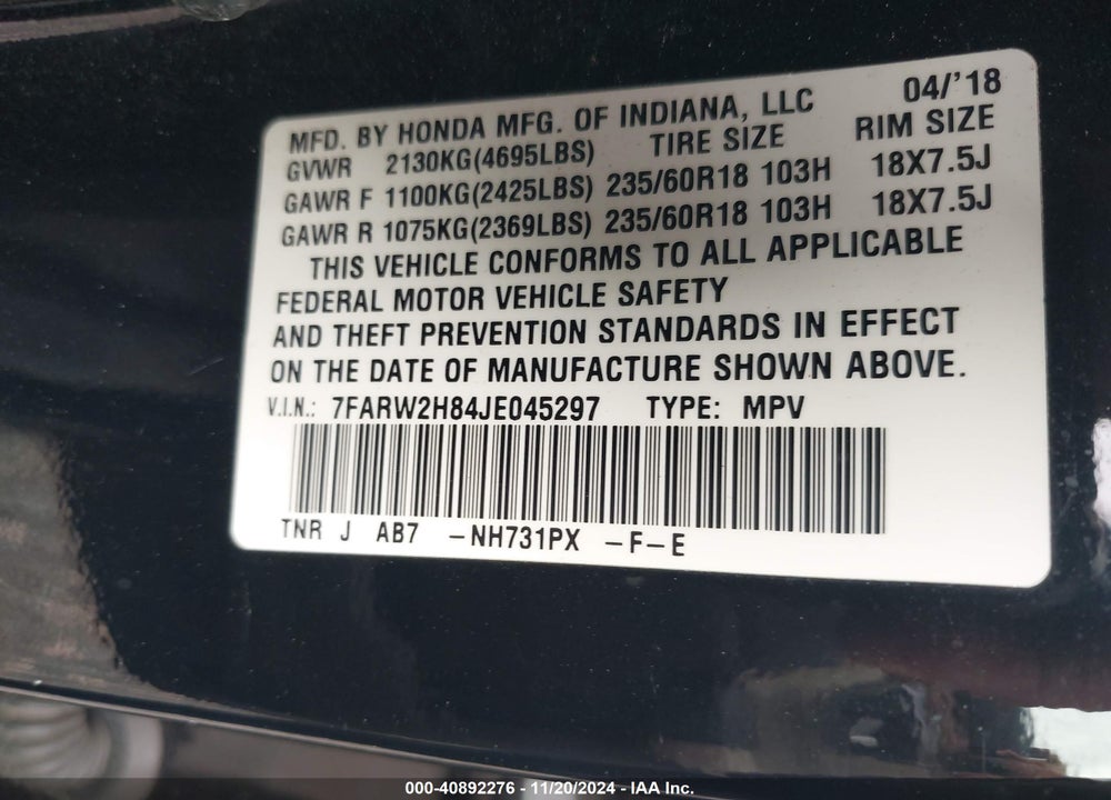 2018 HONDA CR-V EX-L/EX-L NAVI VIN: 7FARW2H84JE045297