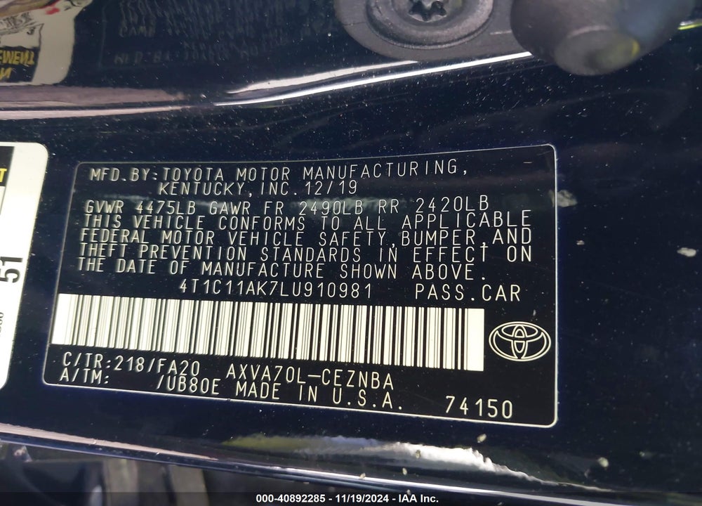 2020 TOYOTA CAMRY LE VIN: 4T1C11AK7LU910981