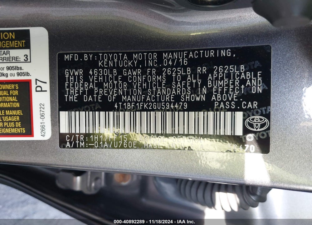 2016 TOYOTA CAMRY SE VIN: 4T1BF1FK2GU594479