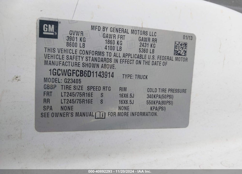 2013 CHEVROLET EXPRESS 2500 WORK VAN VIN: 1GCWGFCB6D1143914
