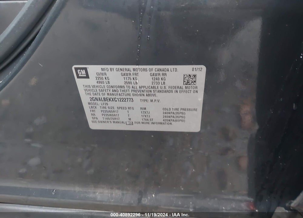 2012 CHEVROLET EQUINOX LS VIN: 2GNALBEKXC1222773