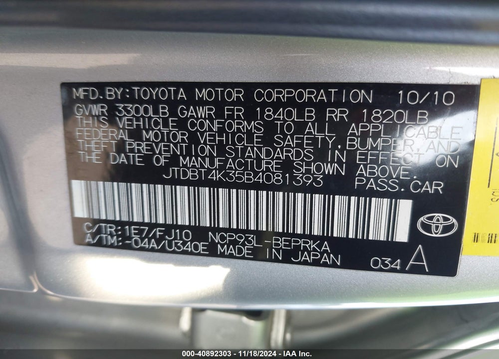 2011 TOYOTA YARIS VIN: JTDBT4K35B4081393