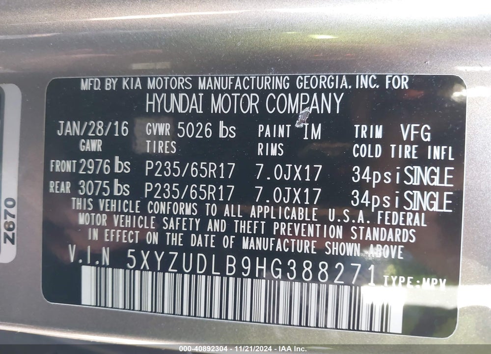 2017 HYUNDAI SANTA FE SPORT VIN: 5XYZUDLB9HG388271