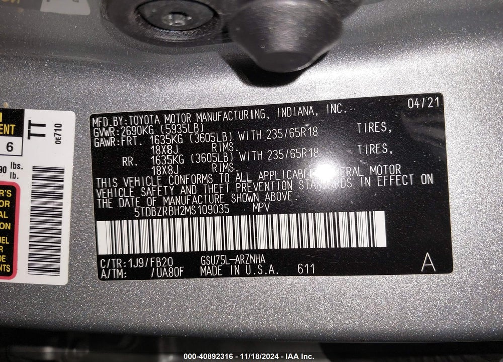 2021 TOYOTA HIGHLANDER LE VIN: 5TDBZRBH2MS109035