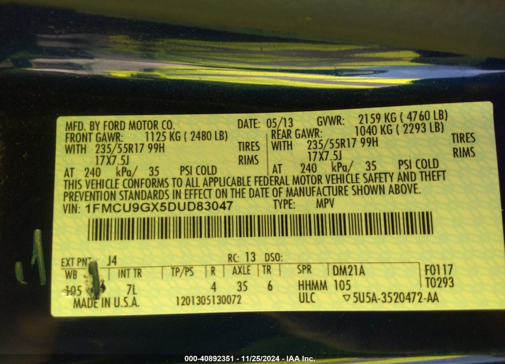 2013 FORD ESCAPE SE VIN: 1FMCU9GX5DUD83047