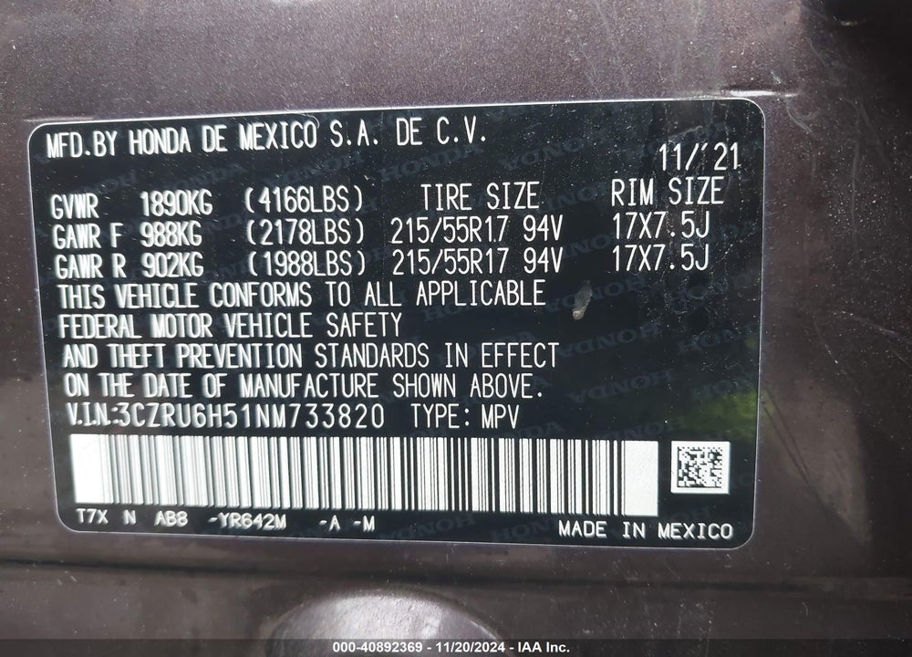 2022 HONDA HR-V AWD EX VIN: 3CZRU6H51NM733820