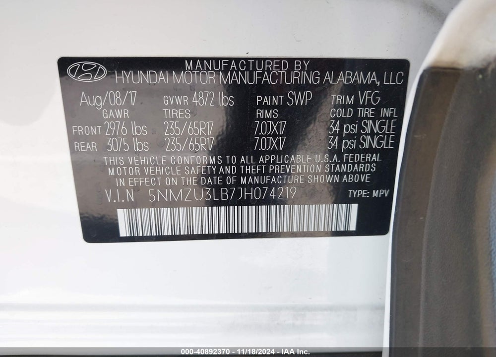 2018 HYUNDAI SANTA FE SPORT 2.4L VIN: 5NMZU3LB7JH074219